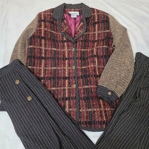 Peter Popovitch VTG 3pc Set Plaid Blazer Pinstripe Pants Skirt Burgundy Med EUC